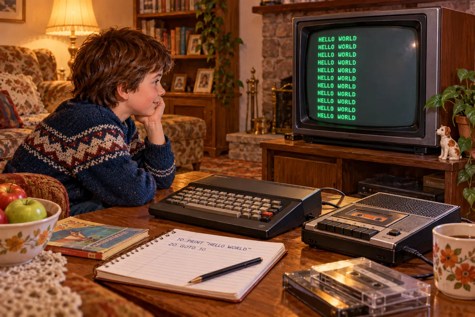 Editorial reconstruction of an early-1980s living room with a home computer connected to a family television, a notebook of BASIC code, and a cassette recorder