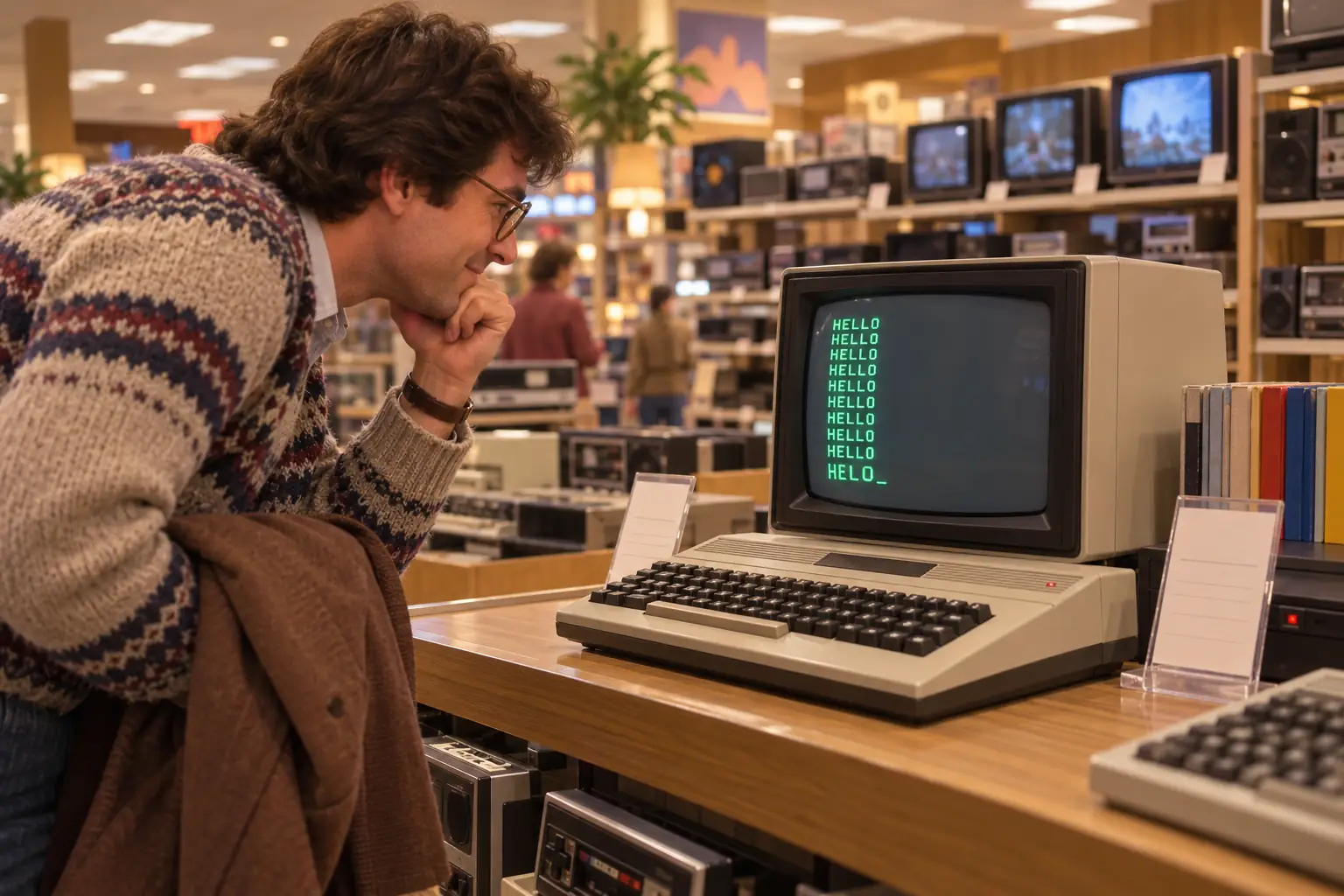 Illustrative early-1980s computer department where an unbranded demonstration computer repeatedly displays a fictional HELLO message while a visitor examines the screen