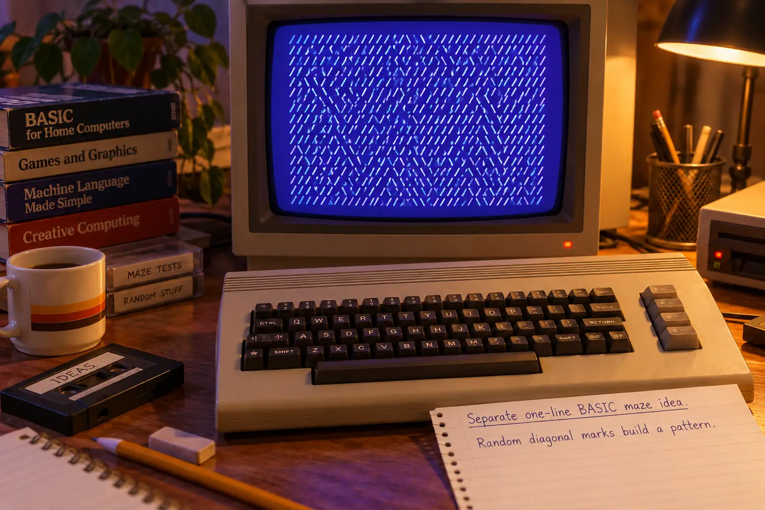 Editorial illustration of a Commodore 64-inspired monitor showing an invented grid of random diagonal strokes beside a handwritten BASIC maze command