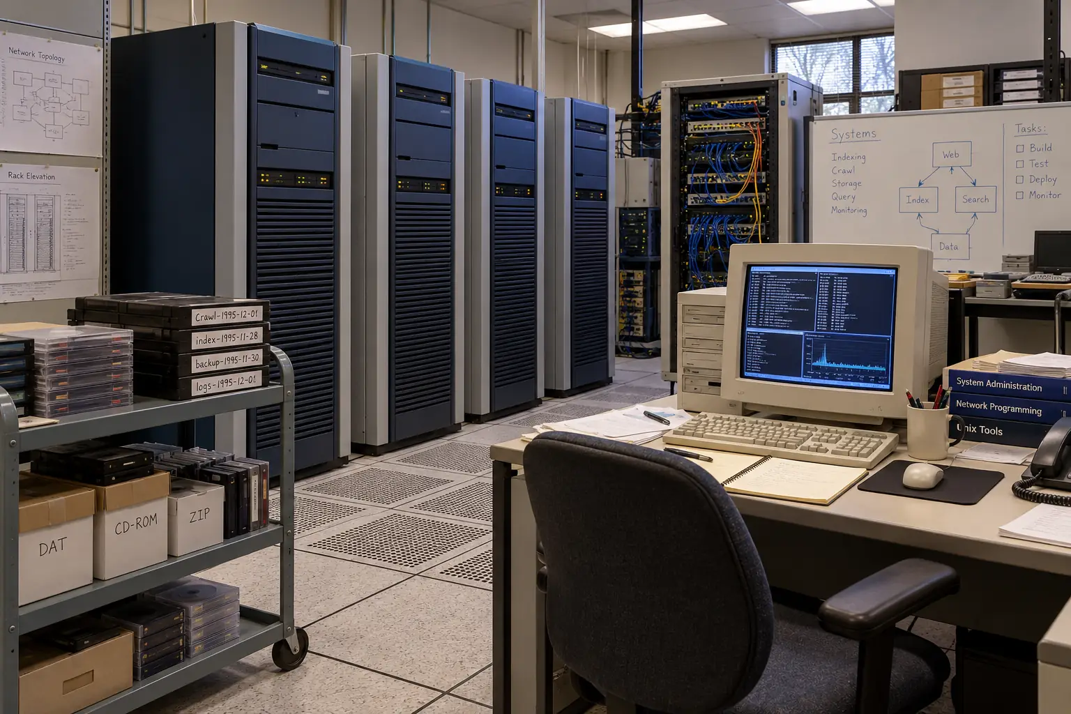 Illustrated mid-1990s computer lab with Alpha-style servers, CRT terminals and storage cabinets