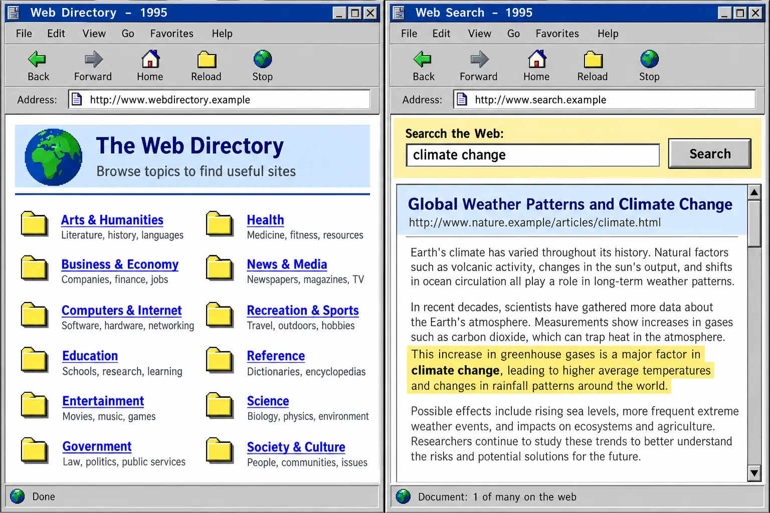Conceptual side-by-side view of a subject directory and a search box finding words inside a web document