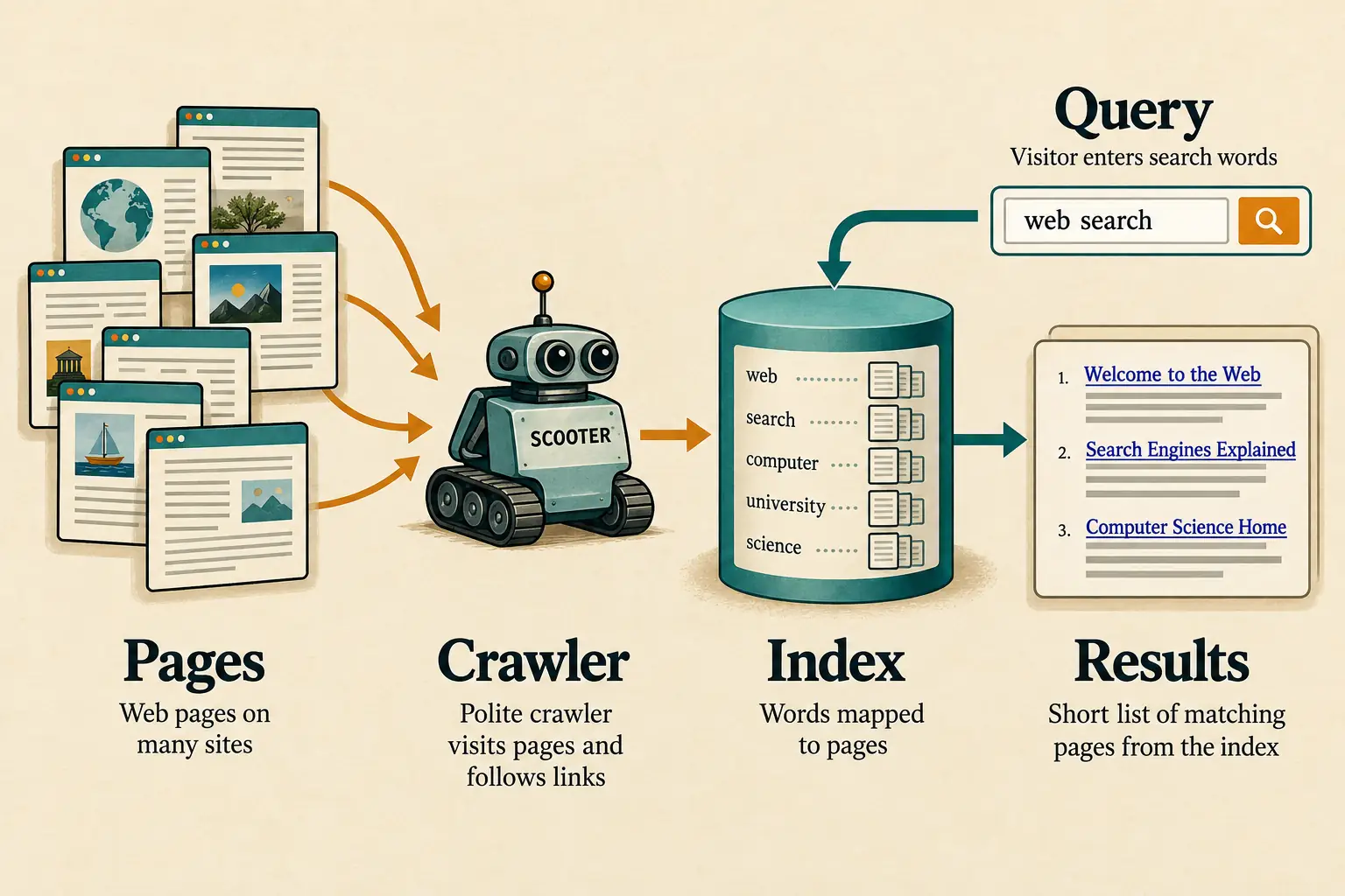 Simple visual flow from linked web pages through a crawler into a word index and then a search result
