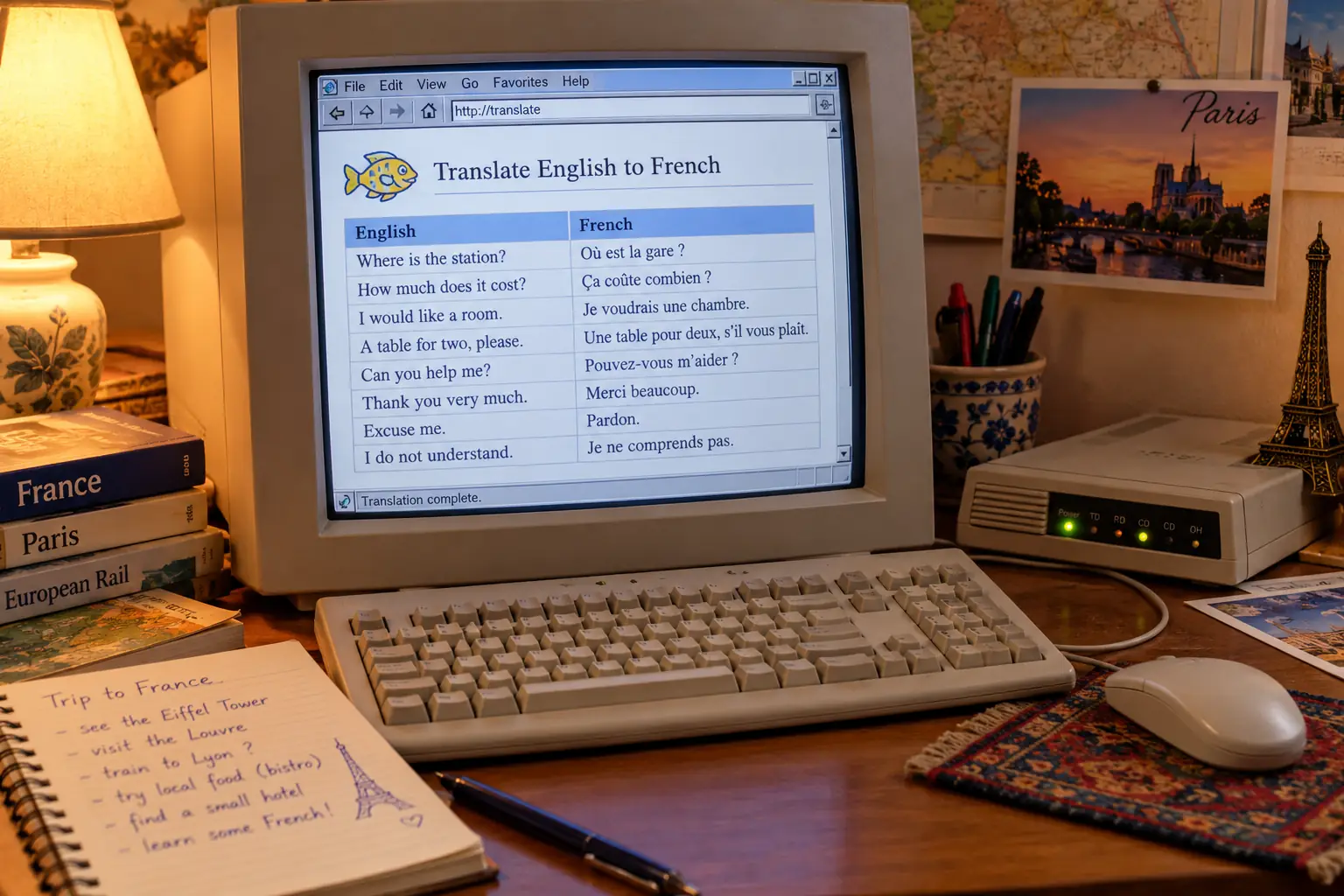Late-1990s CRT computer with an invented translation page beside handwritten English and French notes