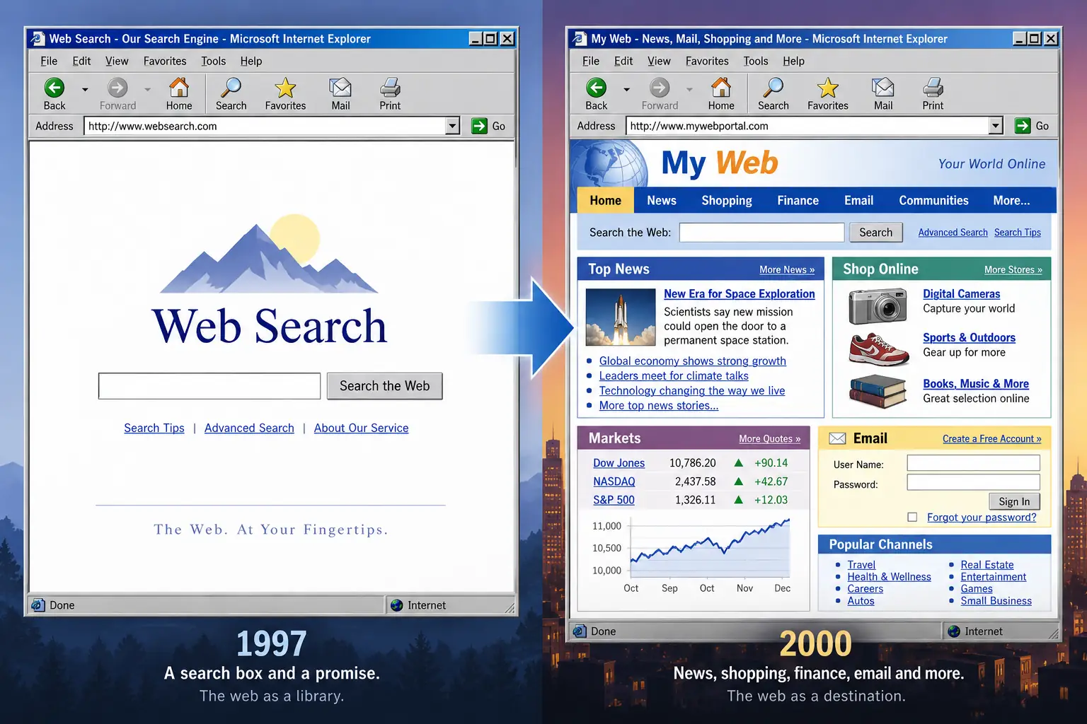 Conceptual transition from a simple search screen to a crowded turn-of-the-millennium web portal