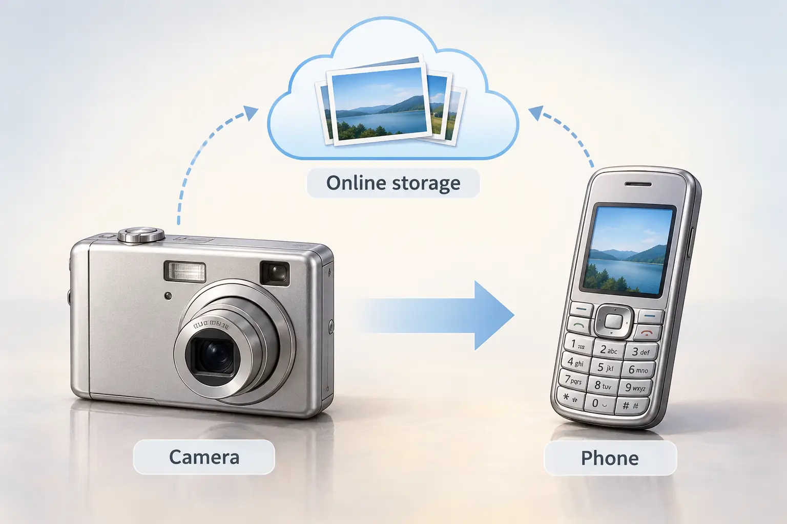 Illustrated early digital camera beside a mid-2000s mobile handset, linked to the same remote service