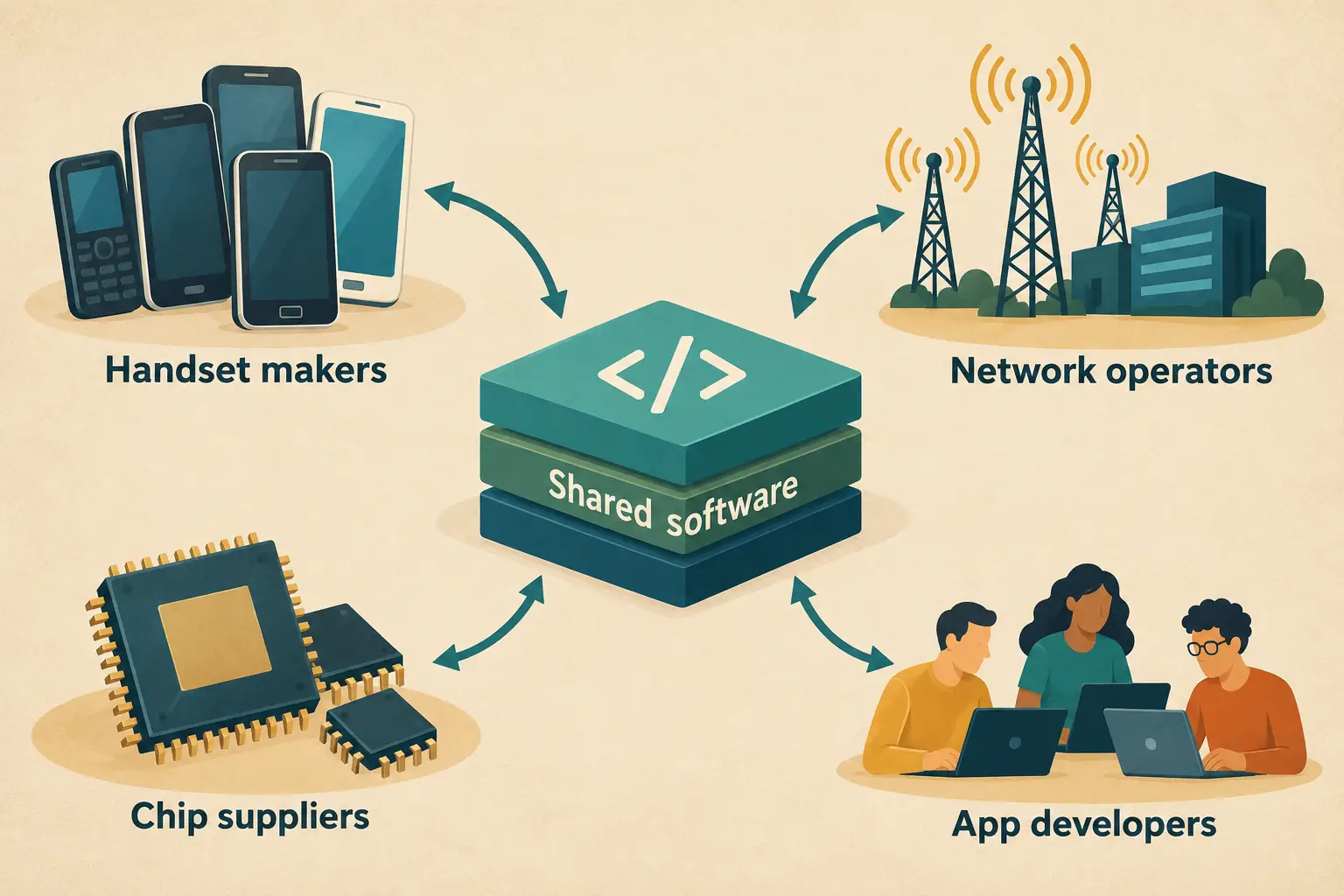 Simple diagram connecting handset makers, carriers, chip makers, developers, and a shared Android software base