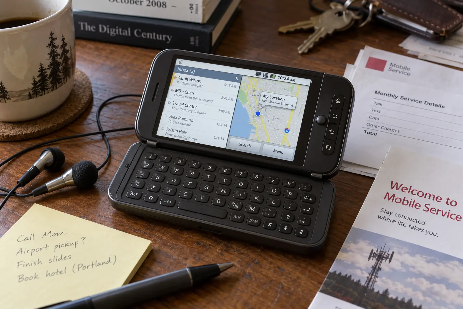 Reconstructed 2008 desk with a slider-keyboard touchscreen phone, trackball, wired earbuds, and mobile contract paperwork