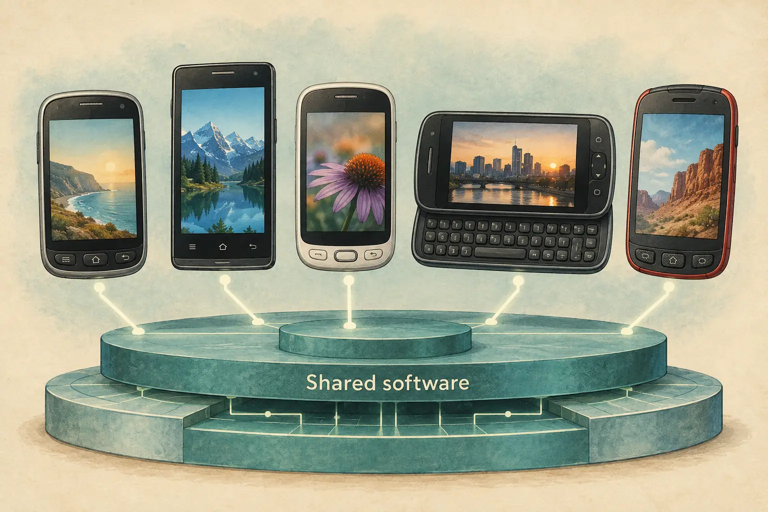 Several distinct unbranded early-2010s smartphones with different screens and shapes above a shared software base