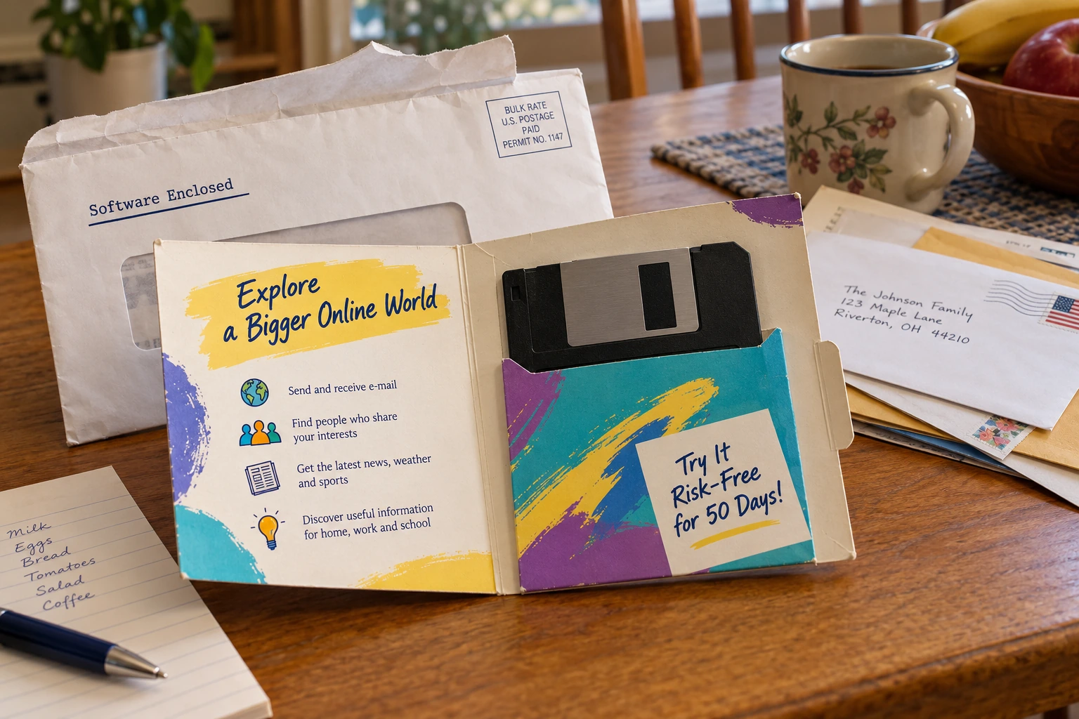 Opened 1990s software mailer holding one 3.5-inch floppy disk beside household letters