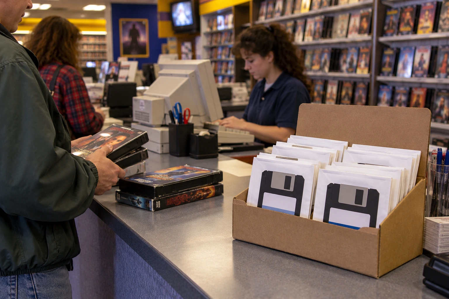Mid-1990s video rental counter with an unbranded sample box containing computer software mailers