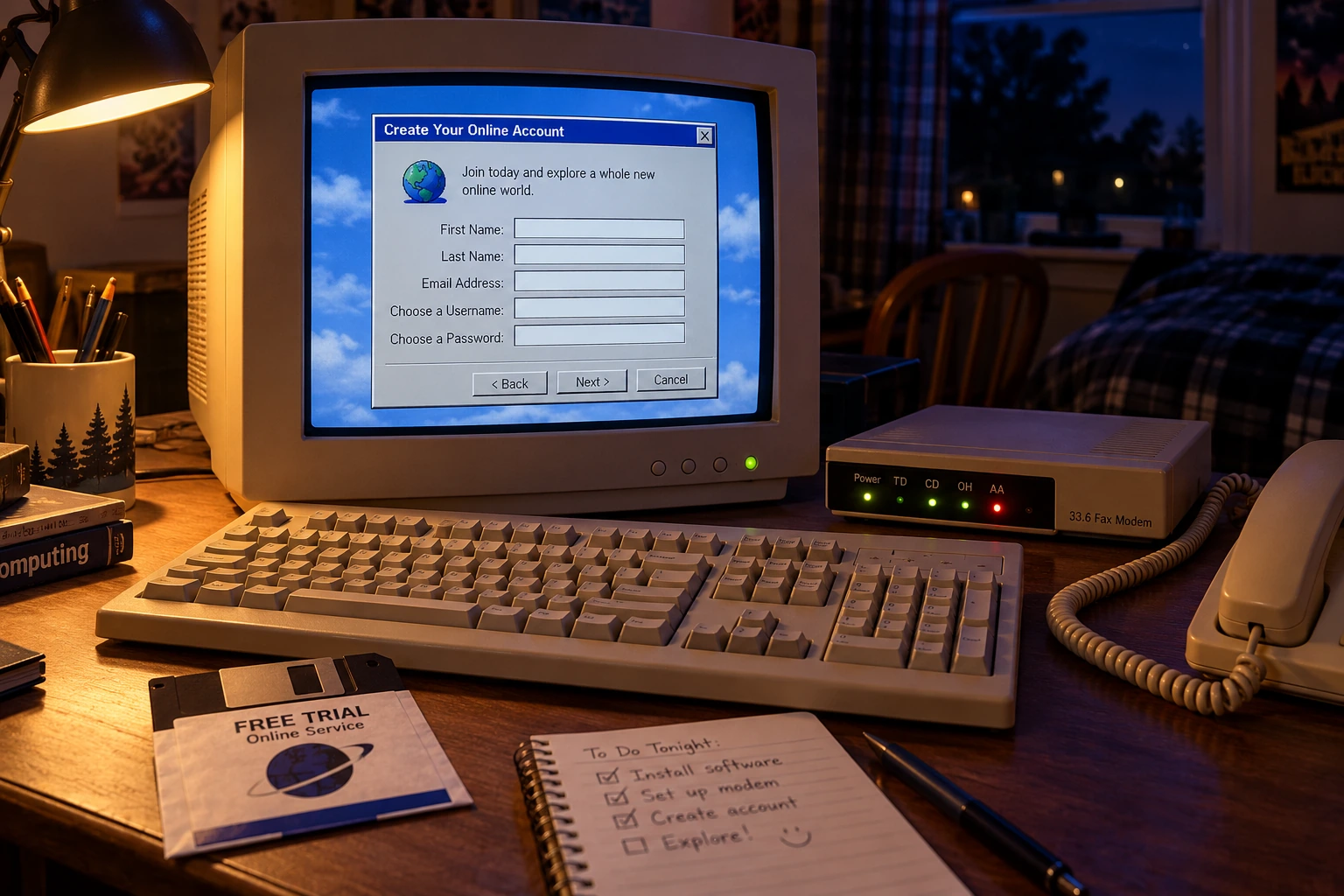 Beige 1995 computer with an external telephone modem, phone cord, floppy disk, and generic online sign-in screen