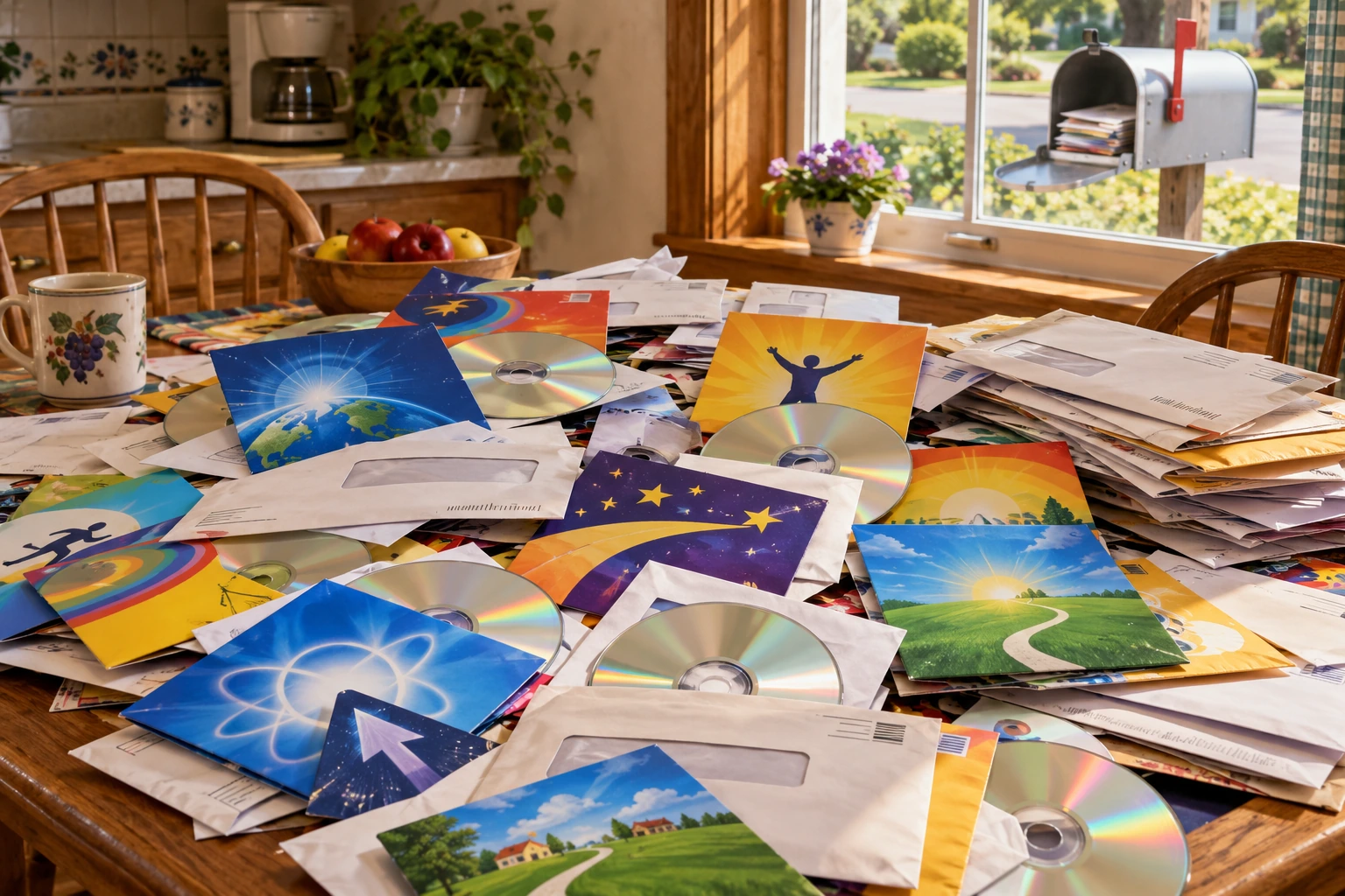 Pile of colorful unbranded software CDs and unopened envelopes spread across an early-2000s kitchen table