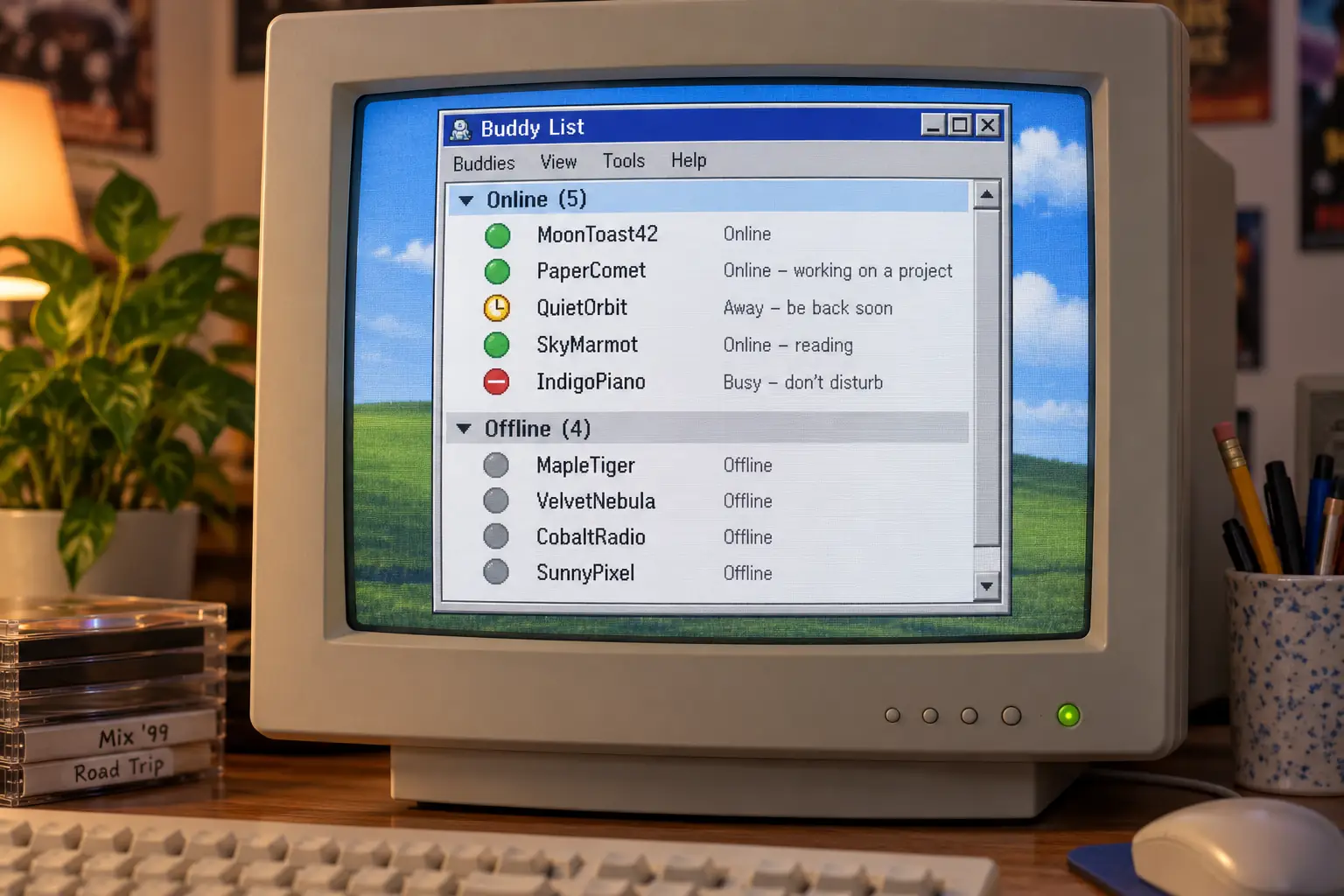 Illustrated beige monitor with a fictional buddy list showing contacts online and offline