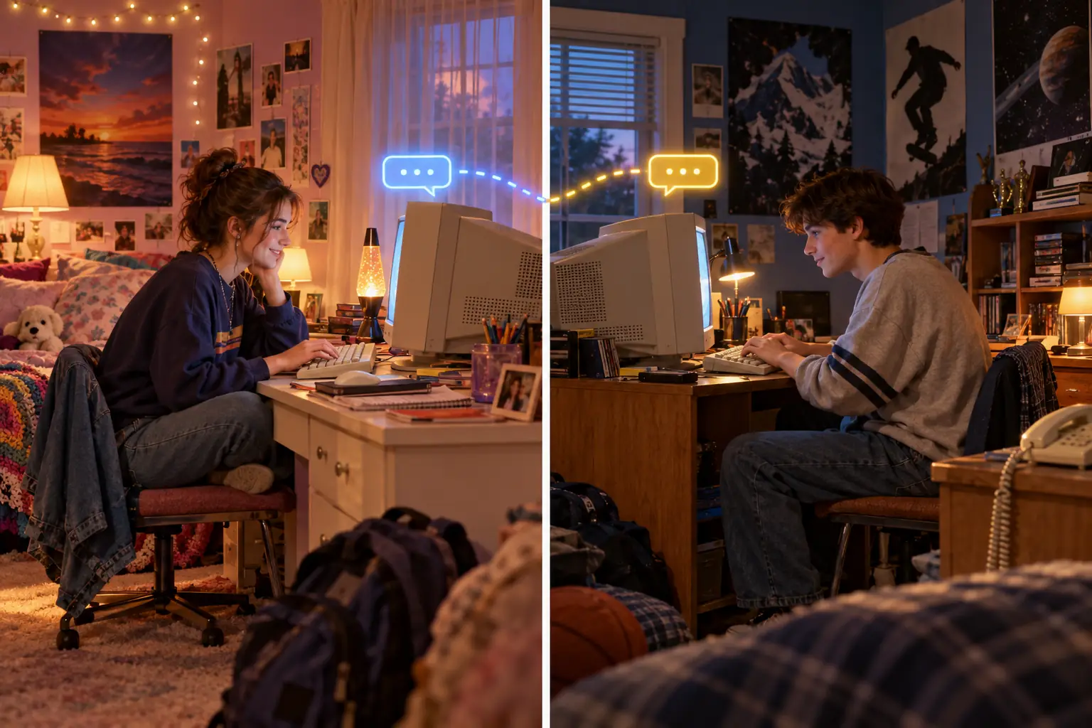 Two late-1990s home desks in separate rooms connected by a visual thread of messages