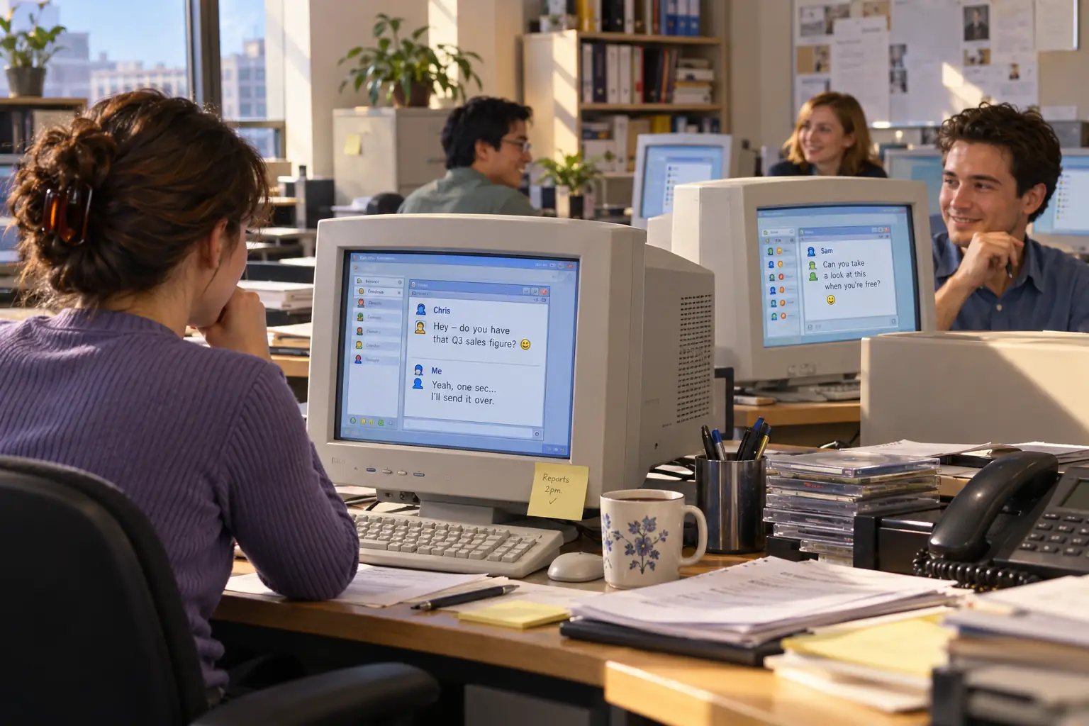 An early-2000s office with desktop computers and invented small message windows