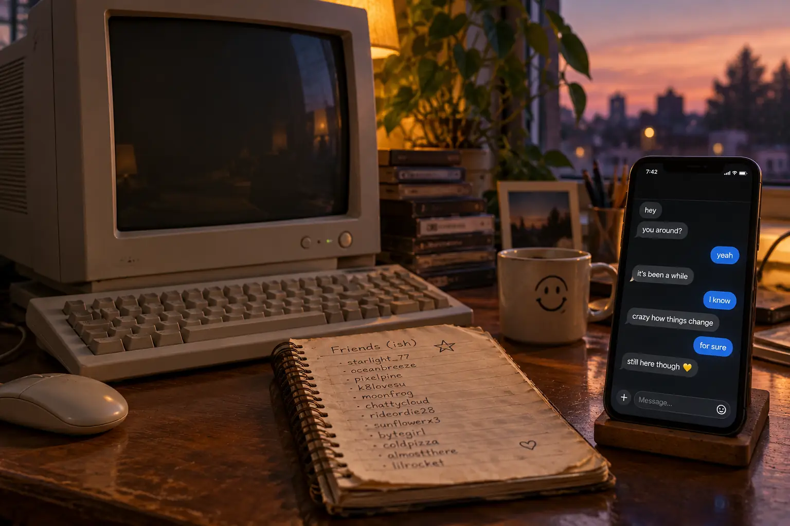 A quiet old desktop beside a newer smartphone in a room at dusk
