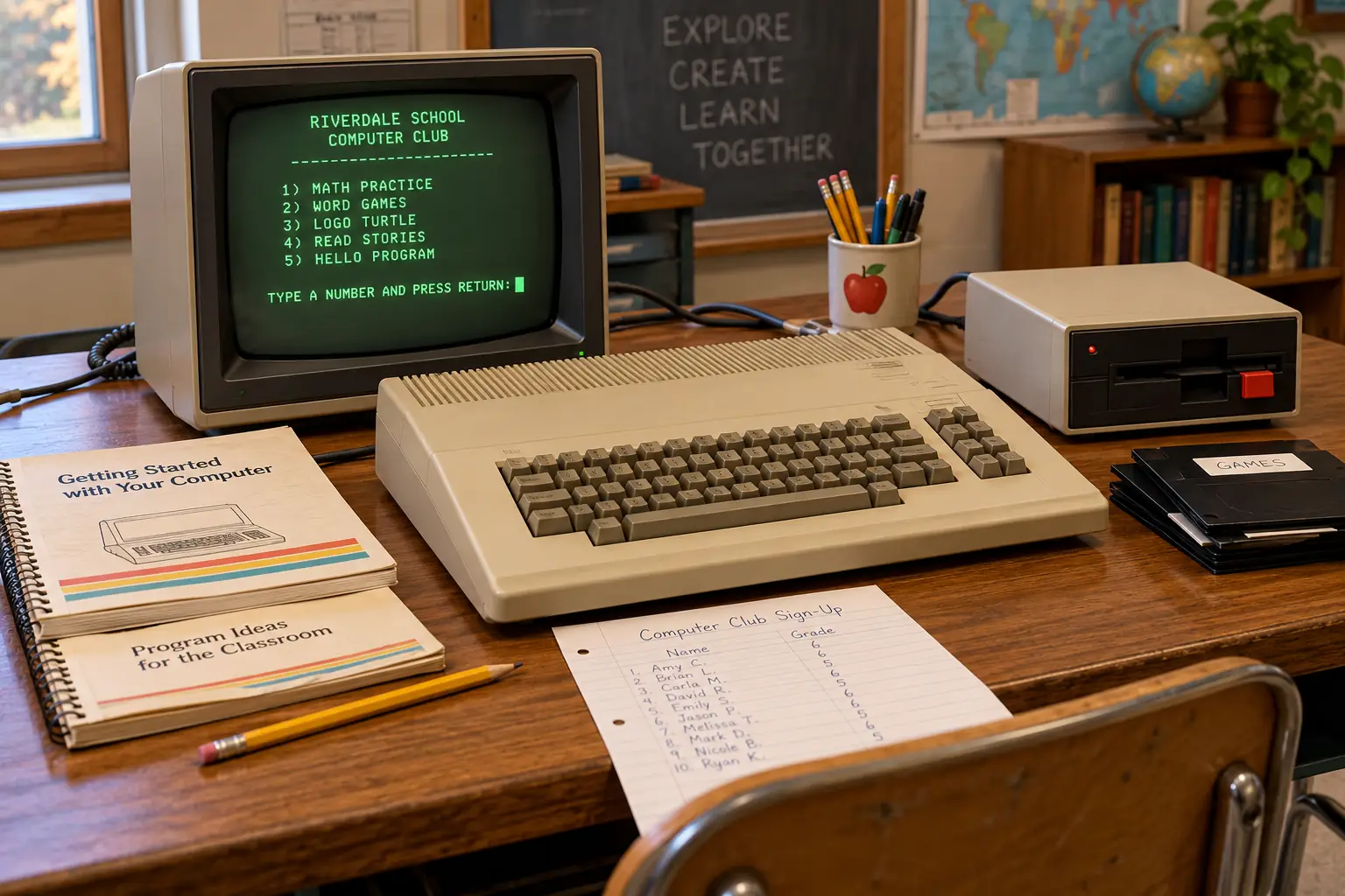 Early-1980s classroom Apple IIe-style computer with monitor, external floppy drive, and paper instructions