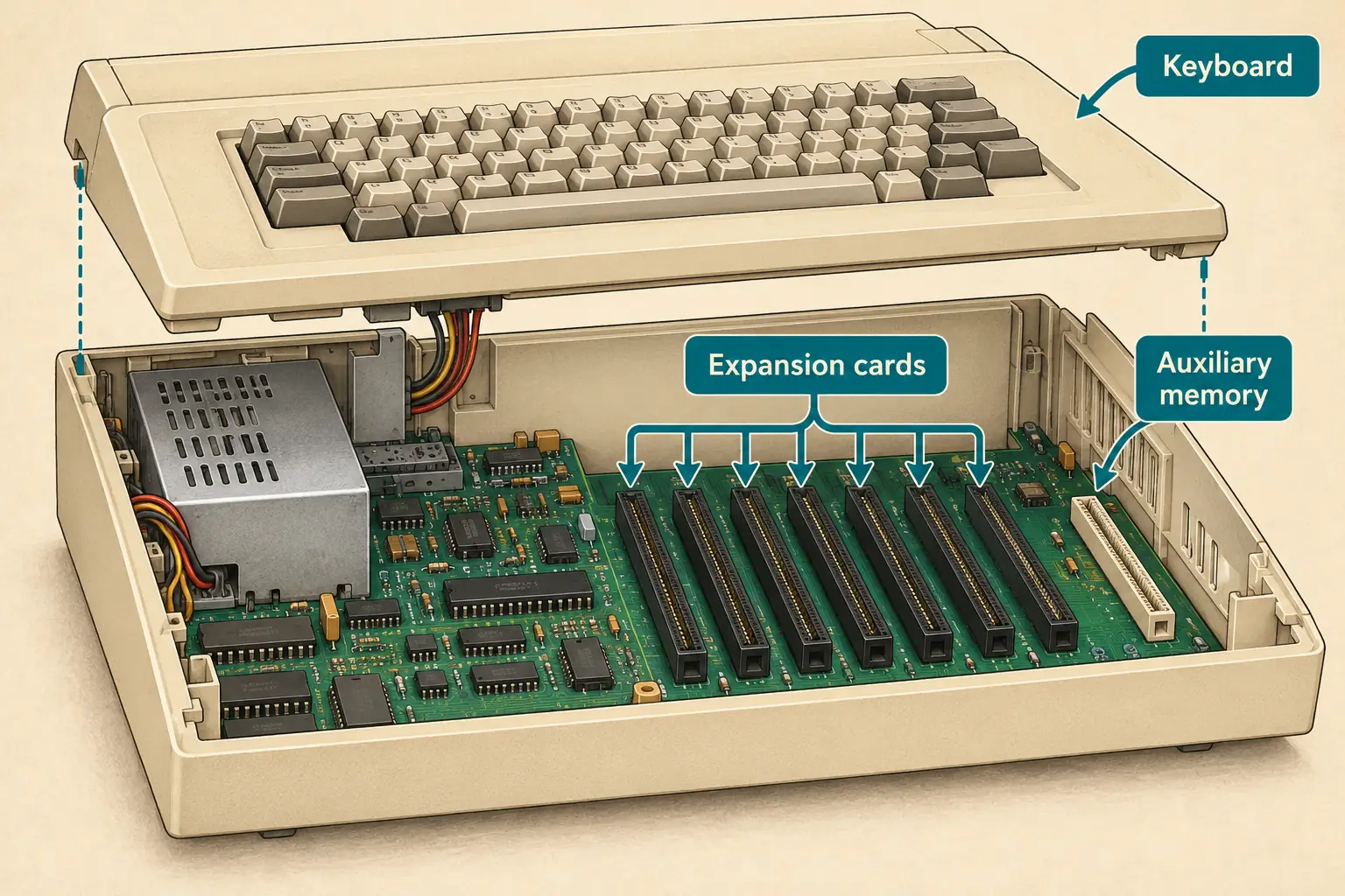 Simple illustrated cutaway of Apple IIe-style motherboard showing plug-in cards and separate auxiliary memory