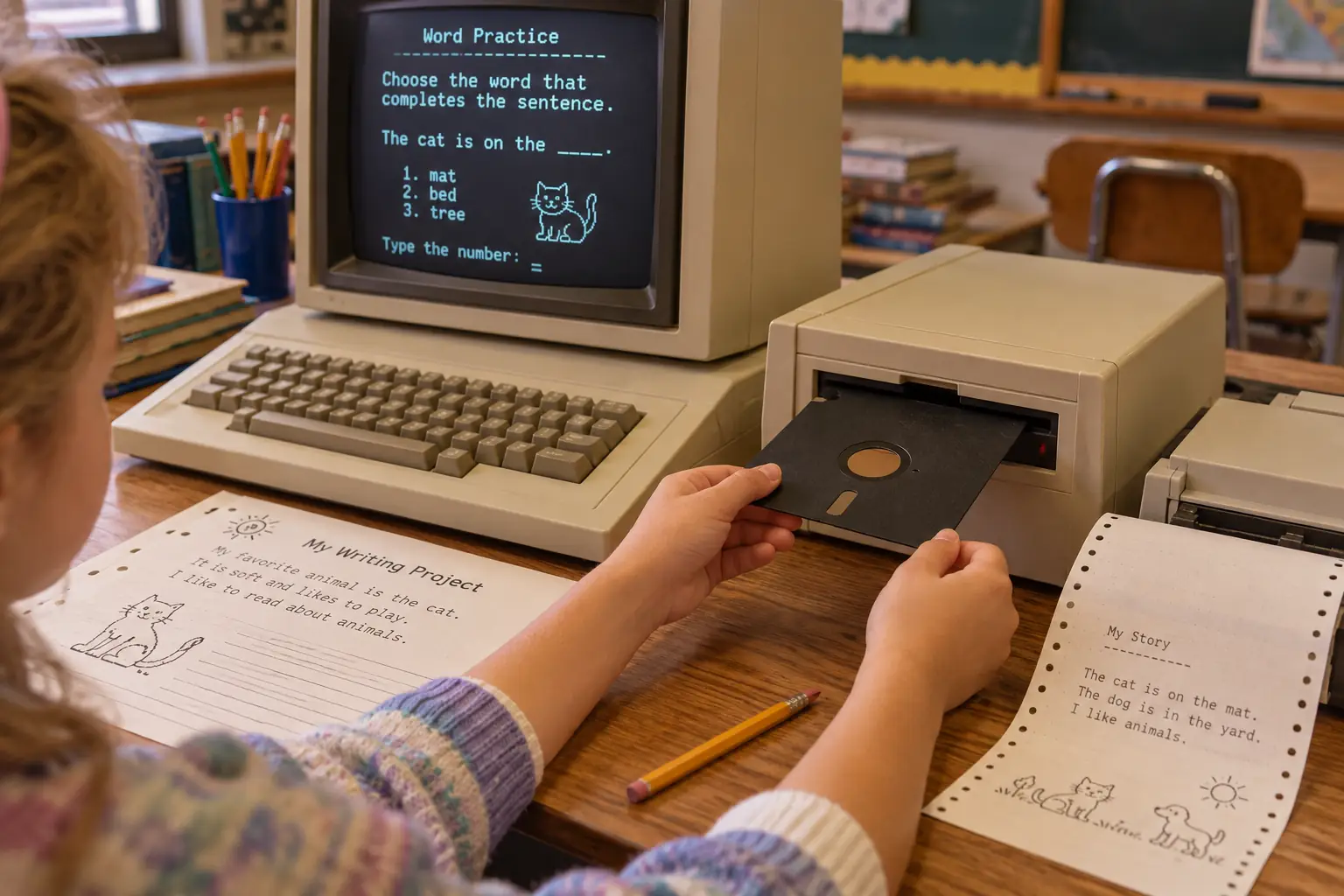 Student hands moving a large floppy disk beside a beige classroom computer and dot-matrix printout