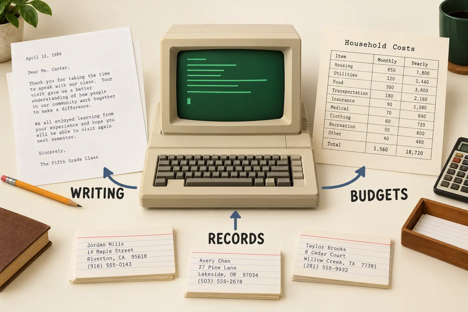 Illustrated letter, budget grid, and address list connected around one Apple II computer