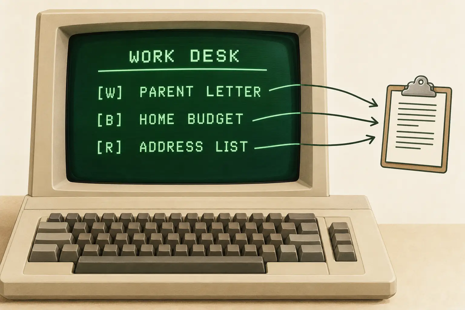 Fictional text-mode desktop listing a letter, family budget, and address database