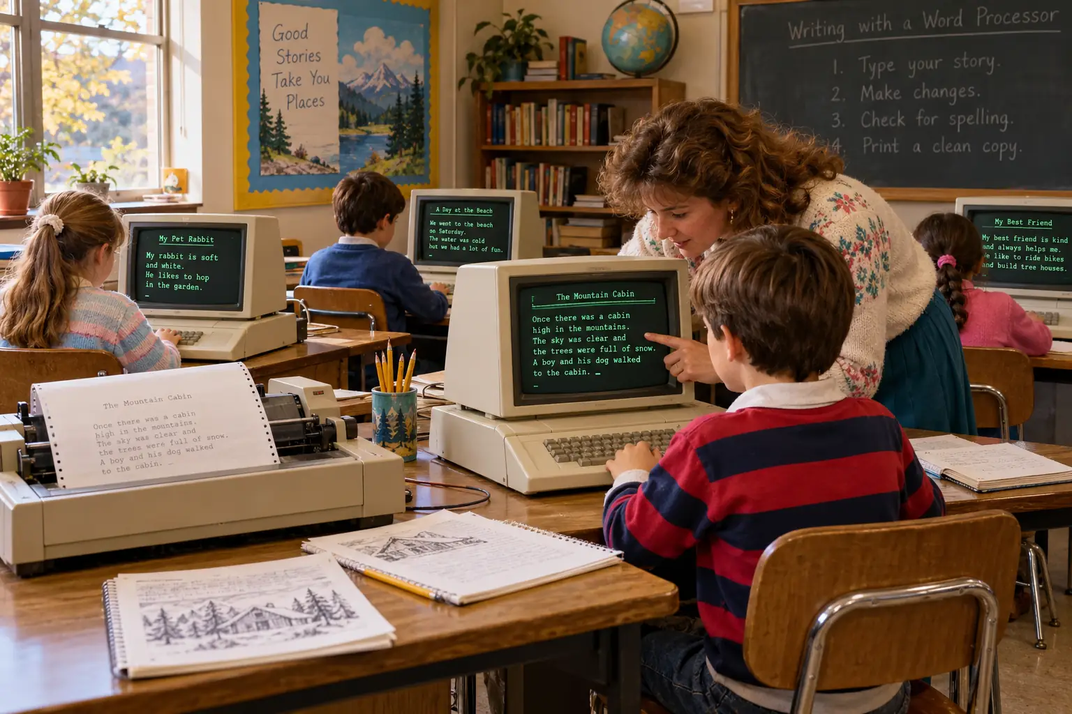 Mid-1980s school computer lab with Apple II-style desks, paper notebooks, and a shared printer