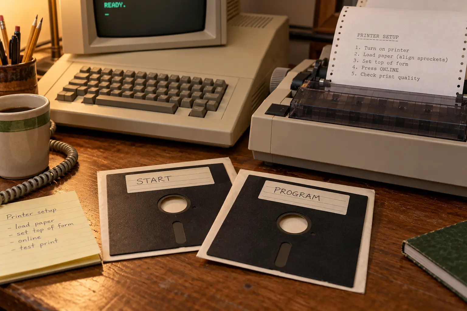 Five-and-a-quarter-inch floppy disks beside a beige Apple II-style computer and dot-matrix printout