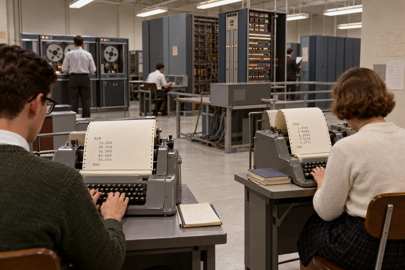 Illustrated 1964 college terminal room with printing teletypes linked to a central computer