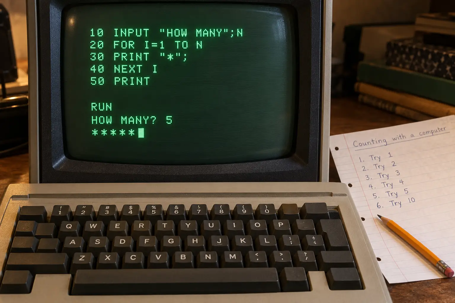 An early home computer displaying a short numbered BASIC star-printing program