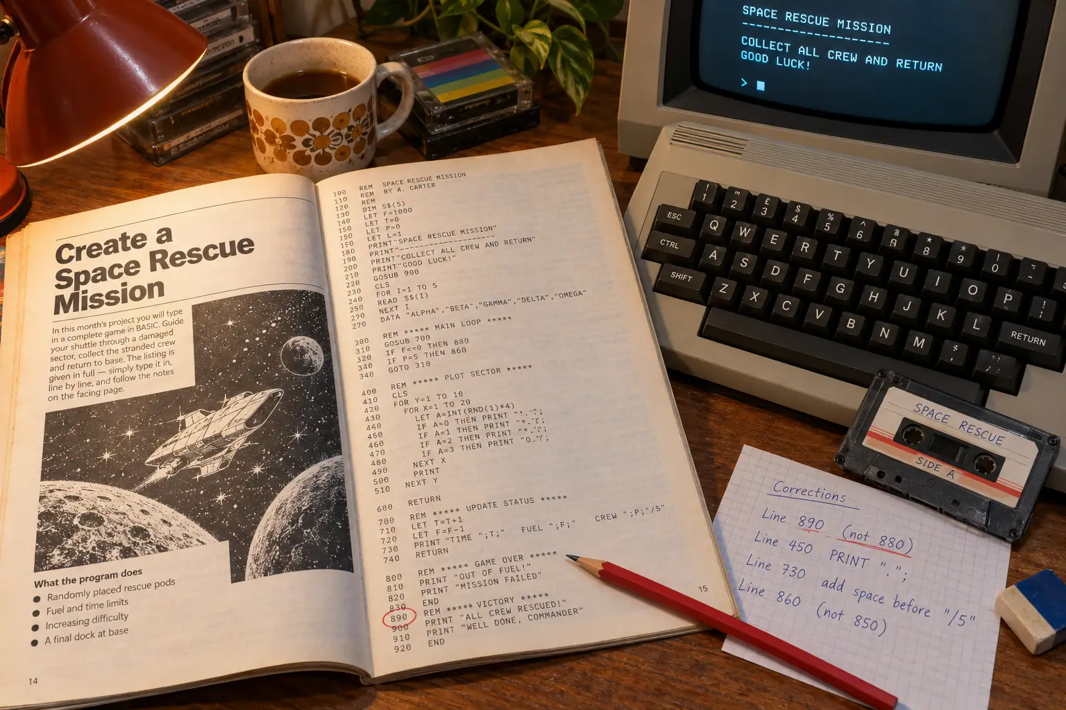 A 1980s computing magazine listing beside a home computer and handwritten error corrections