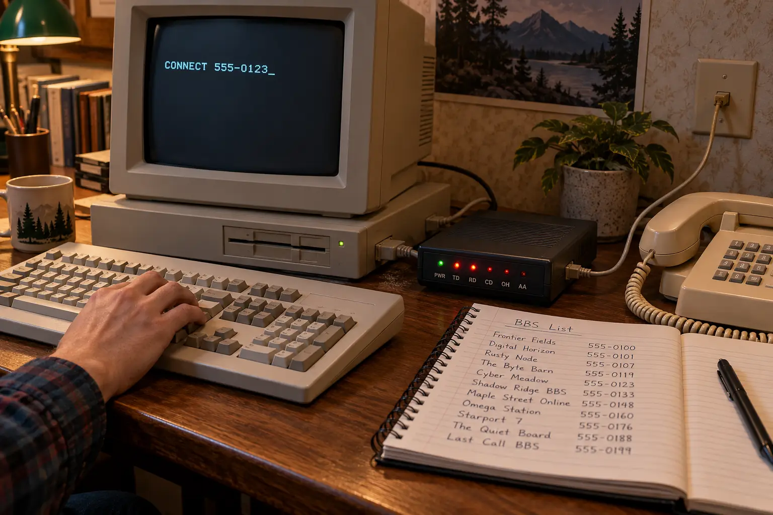 Early 1990s home computer connected by cable to a phone-line modem, beside a notebook of BBS numbers