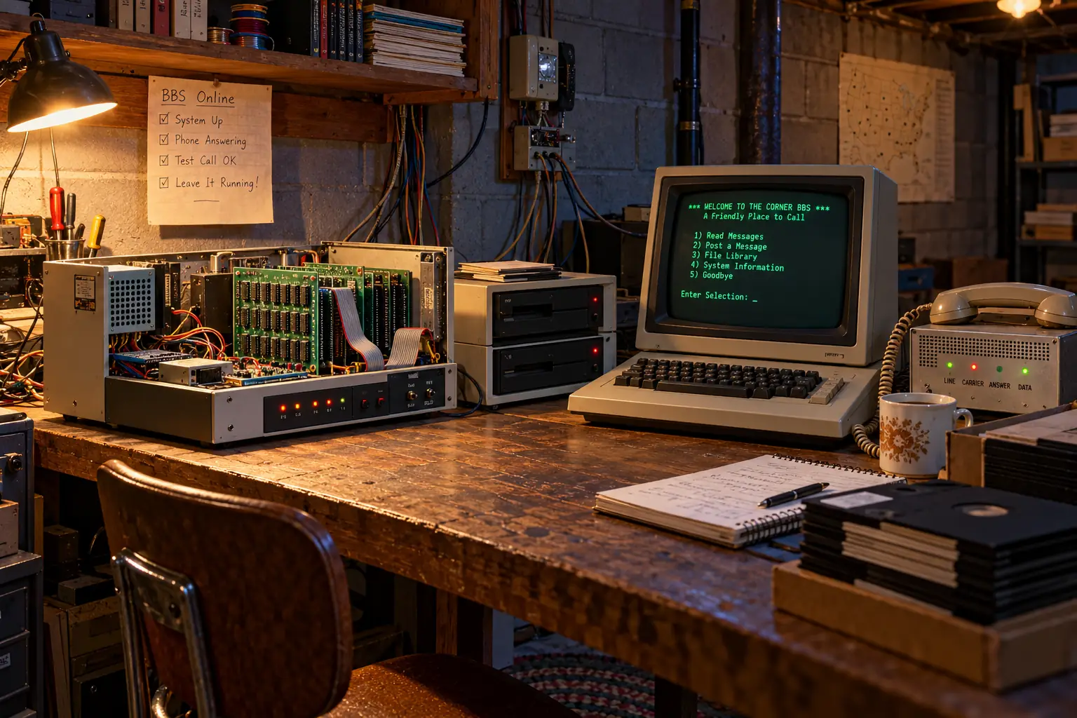 Late 1970s hobby computer with circuit boards, floppy disk drive, terminal, and telephone modem on a basement workbench
