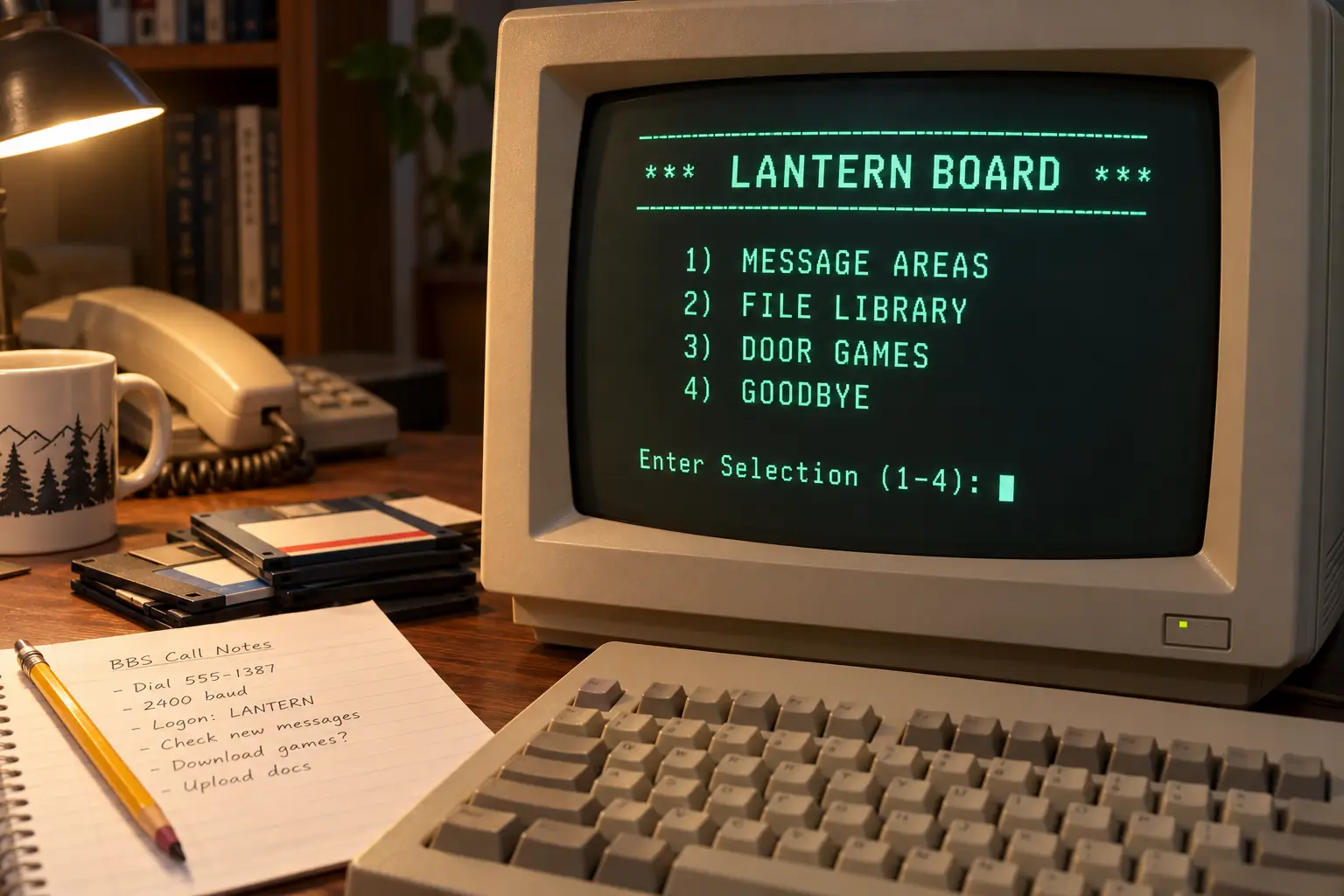 Fictional text-only BBS menu on a CRT screen offering messages, files, and games, next to handwritten notes
