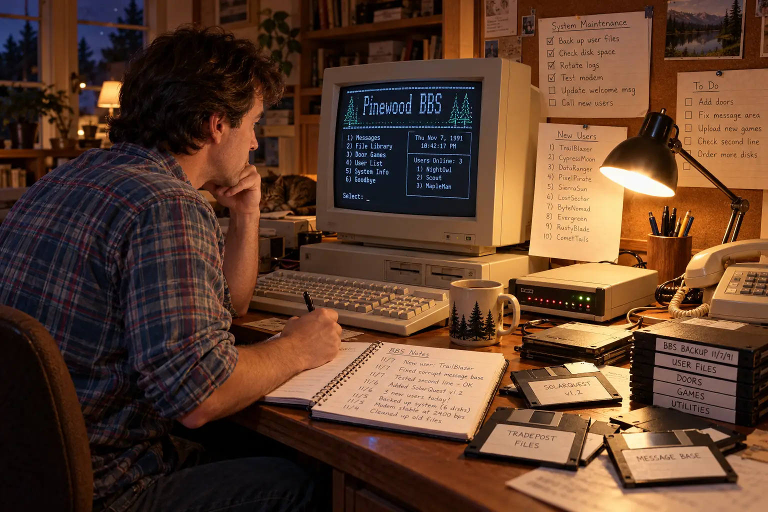 1991 home BBS operator tending a computer, paper user list, modem, and second phone line late at night
