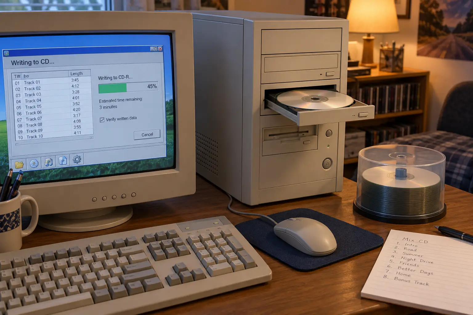 Early-2000s beige PC with an open CD-writing drive and blank recordable discs