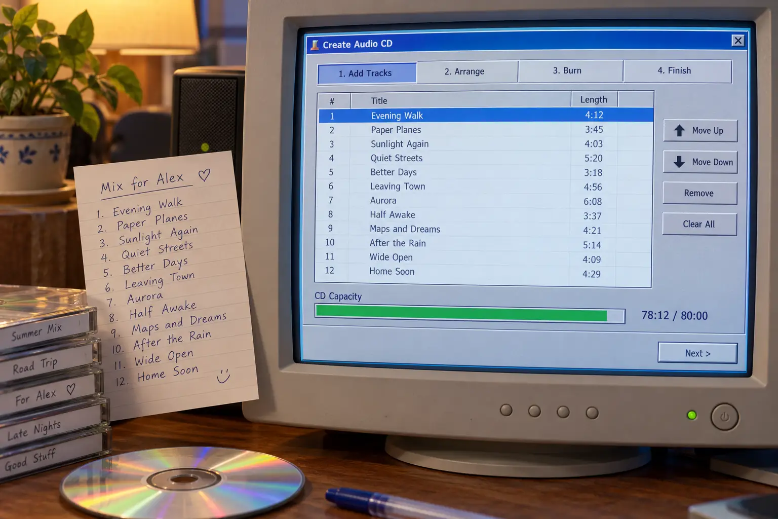 Invented music compilation on a 2001-style computer screen with a nearly full disc-time bar
