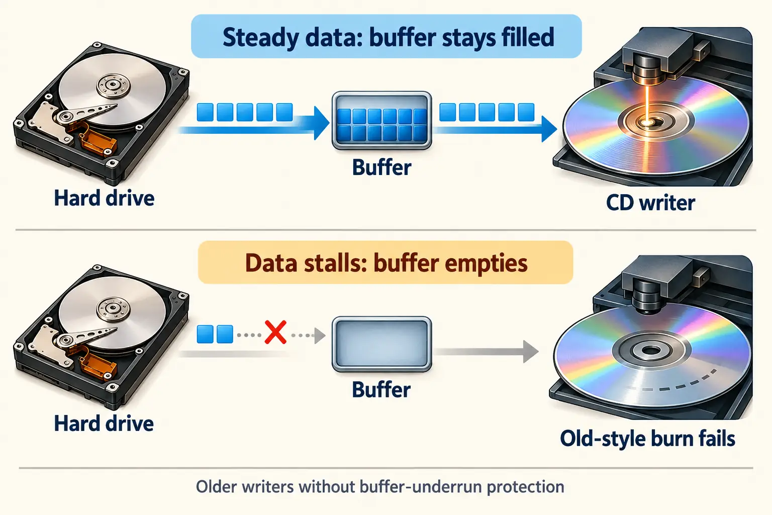 Simple illustrated CD writer with data moving from a computer through a buffer to a blank disc