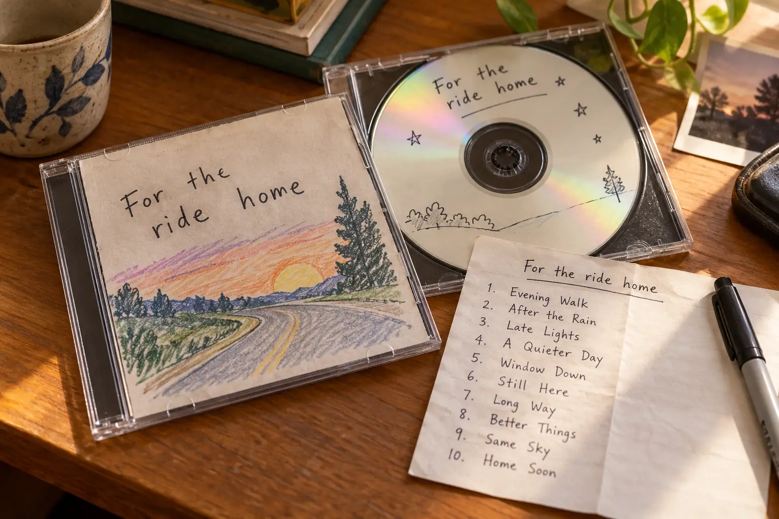 Unbranded handwritten mix CD in a clear jewel case beside a folded homemade track list
