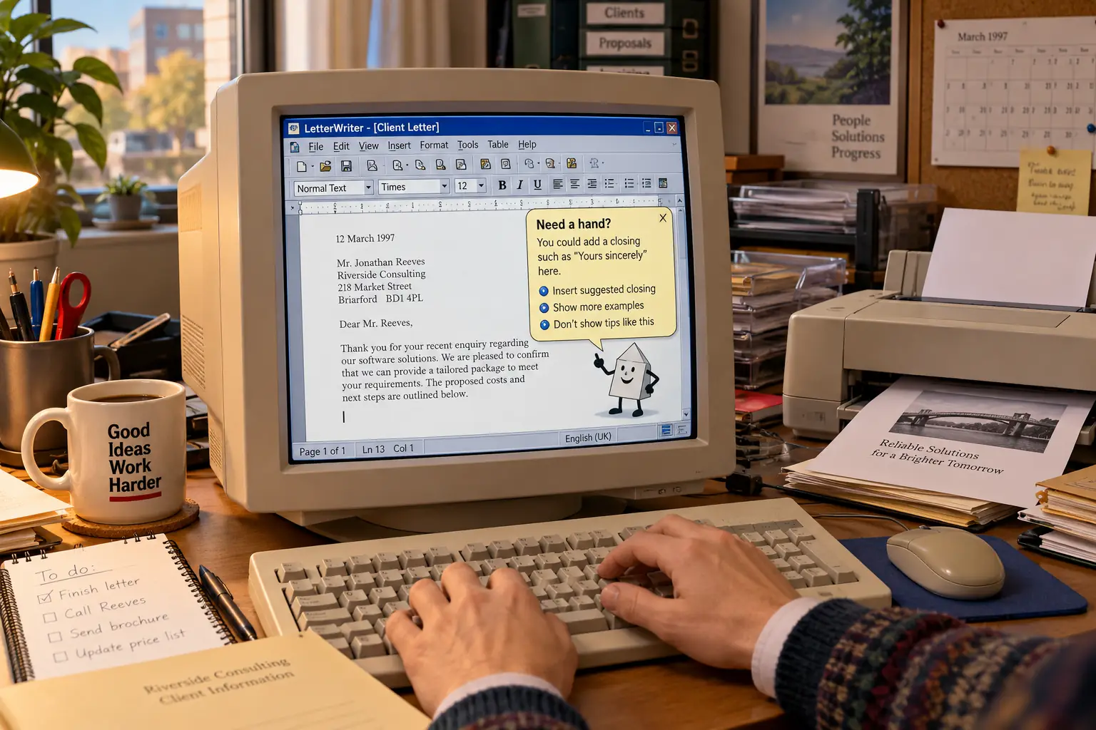 A late-1990s office desk with a beige monitor showing an invented word processor and help prompt