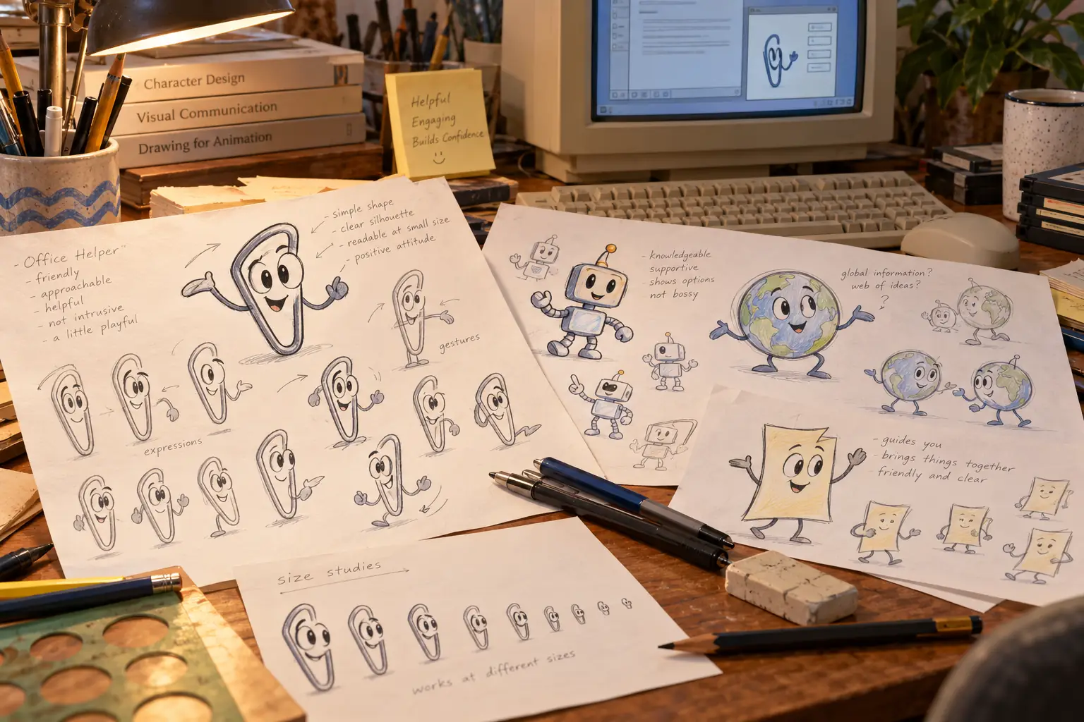 A 1990s illustrator's desk with pencil sketches of imaginary office-themed helper characters