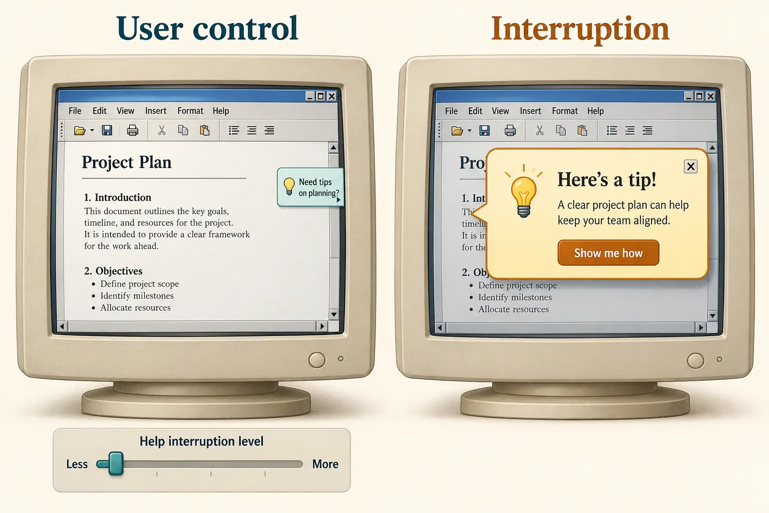 Two conceptual computer help designs, one with a gentle adjustable notification and one with a distracting pop-up
