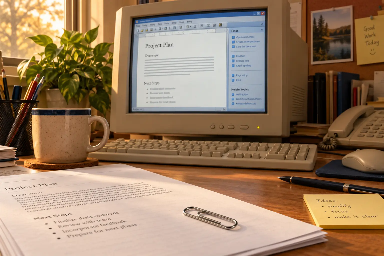 An early-2000s office computer with a plain task pane and an unused paperclip on the desk