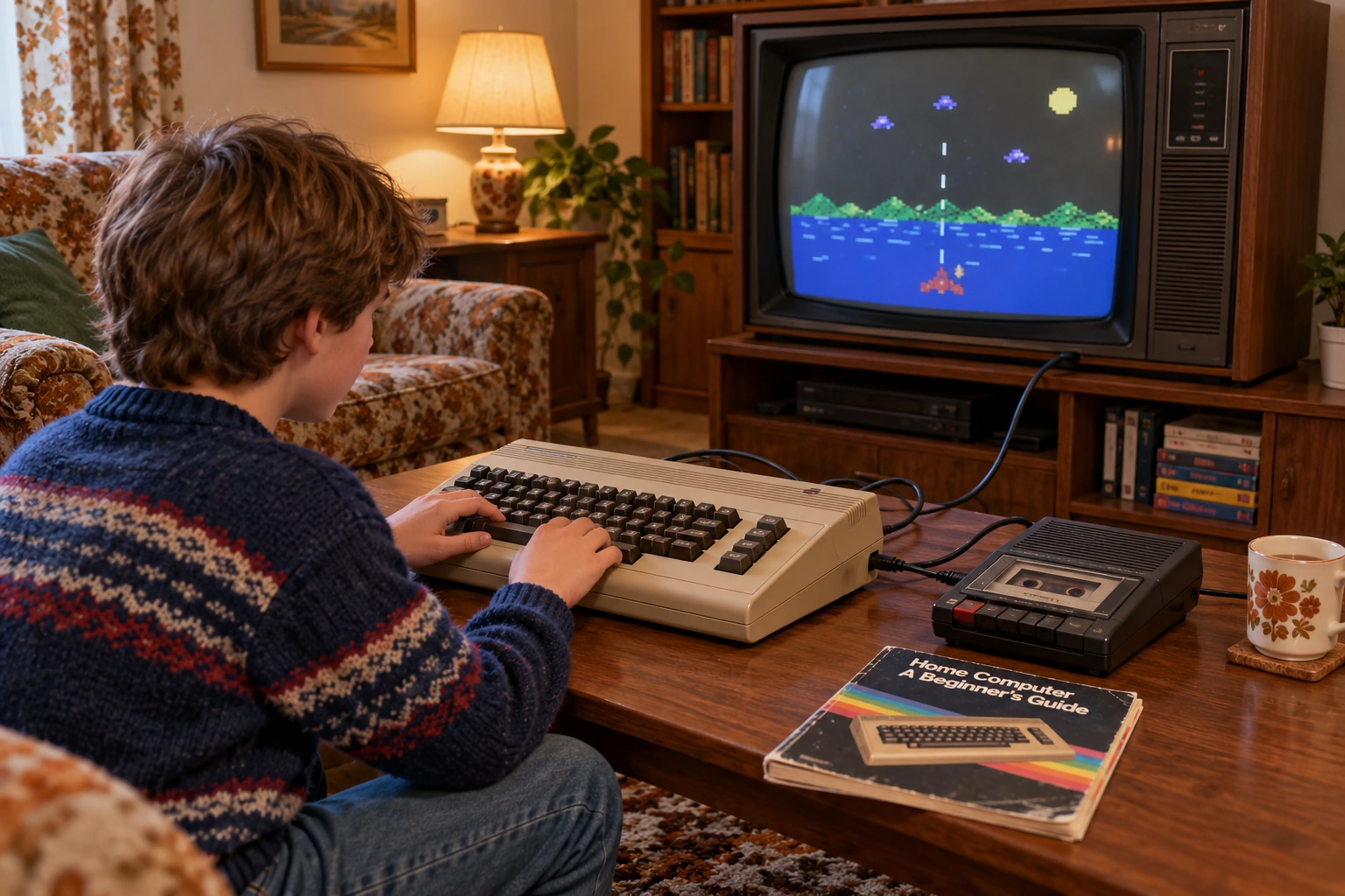 Brown home computer attached to a family television beside a cassette deck and paper manual
