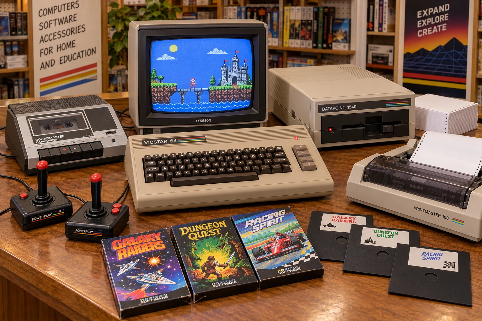 Commodore-style keyboard computer with separate floppy drive, cassette recorder, monitor, joystick and software