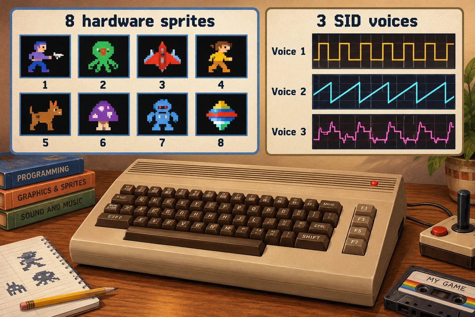 Illustrated technical desk showing a game sprite grid and three musical waveforms beside an eight-bit computer