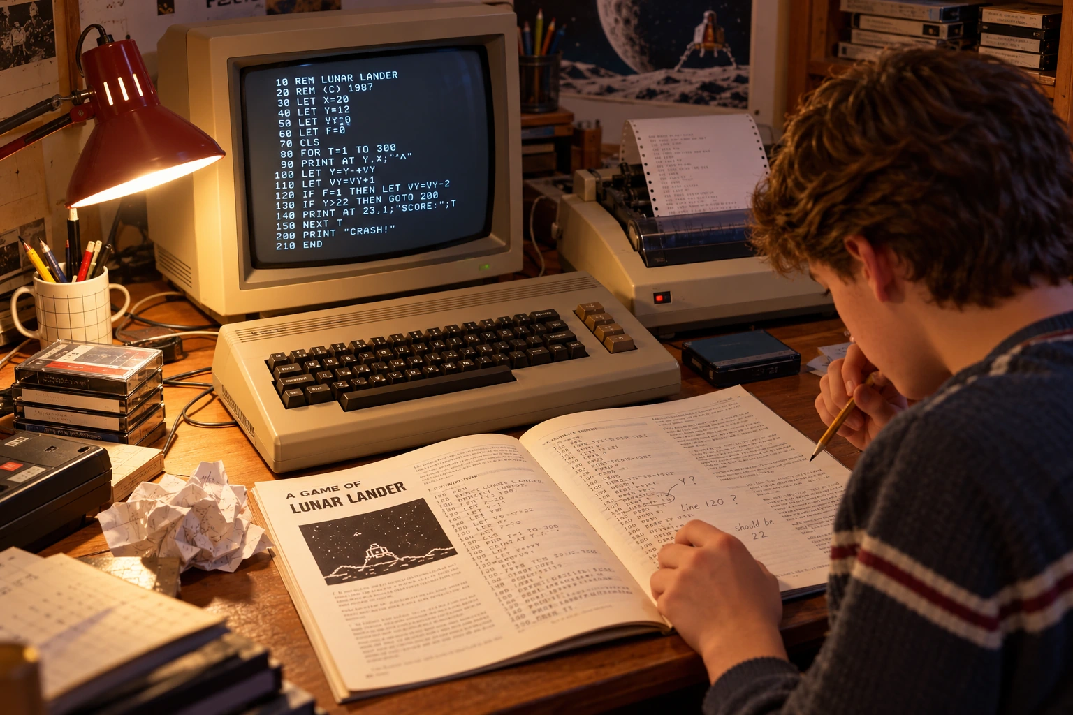 Home computer beside an open programming magazine, handwritten corrections and a small dot-matrix printer