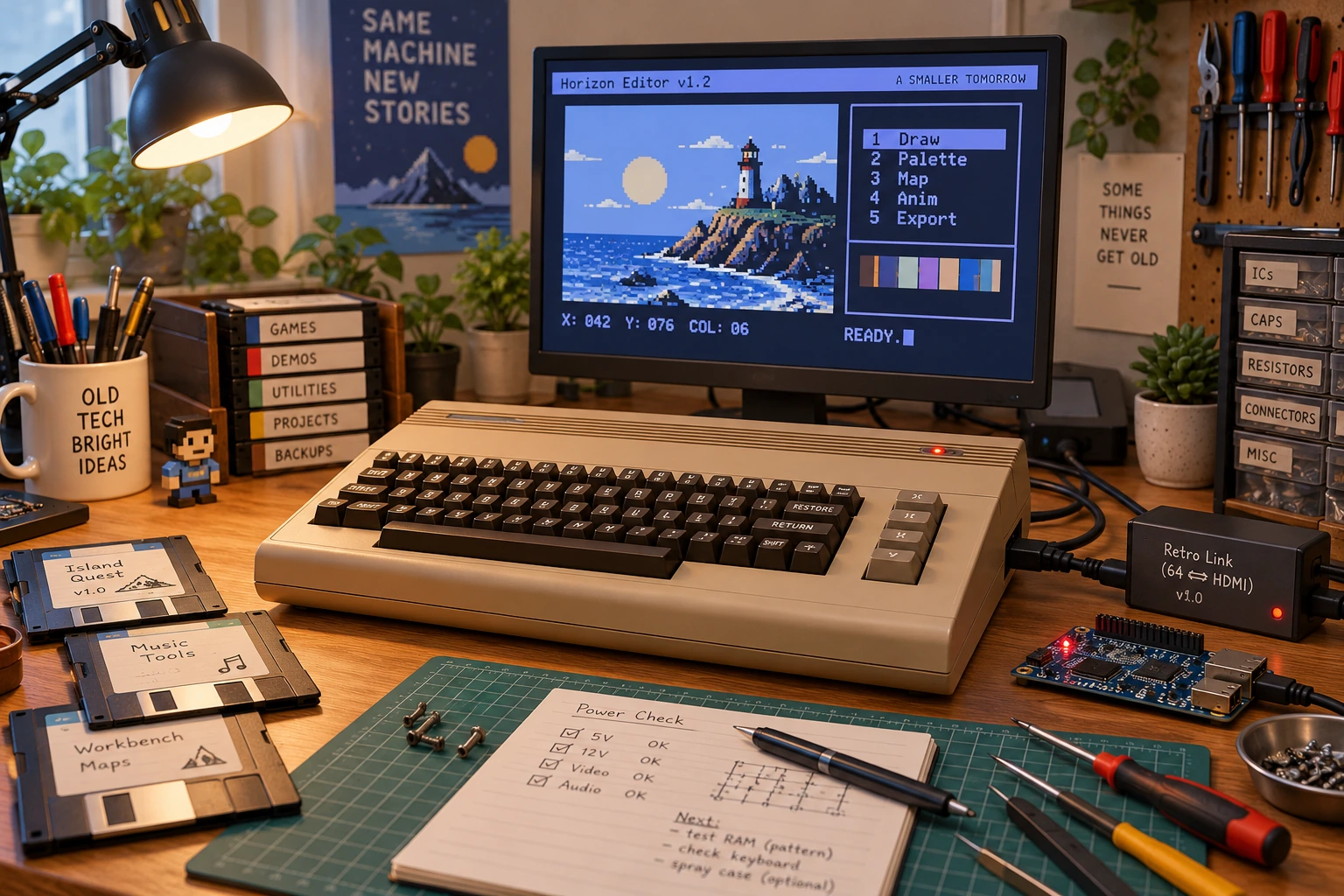 Restored brown home computer on a present-day hobby workbench with repair tools and a modern display