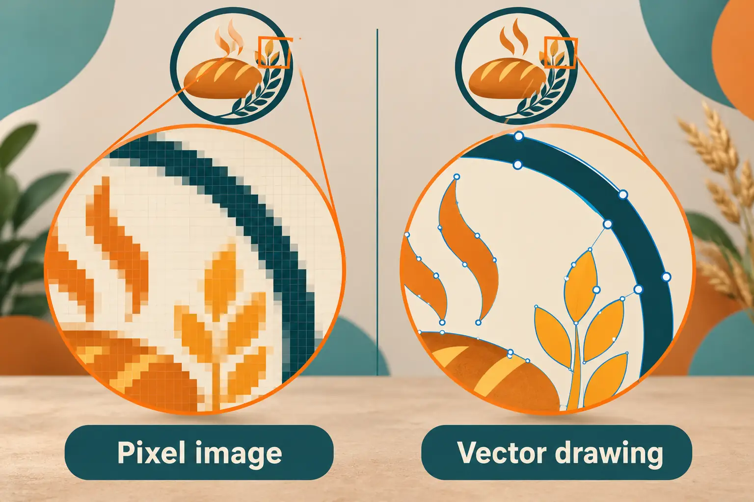 Side-by-side enlarged bitmap edge and smooth vector curve in a simple circular logo