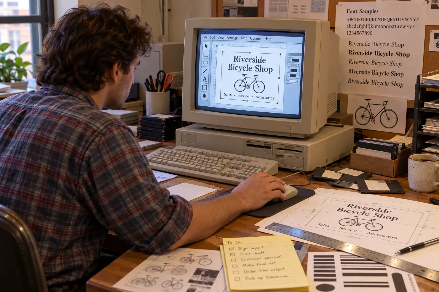 Late-1980s beige Windows PC with drawing tools, floppy disks, font samples and a paper sign mockup