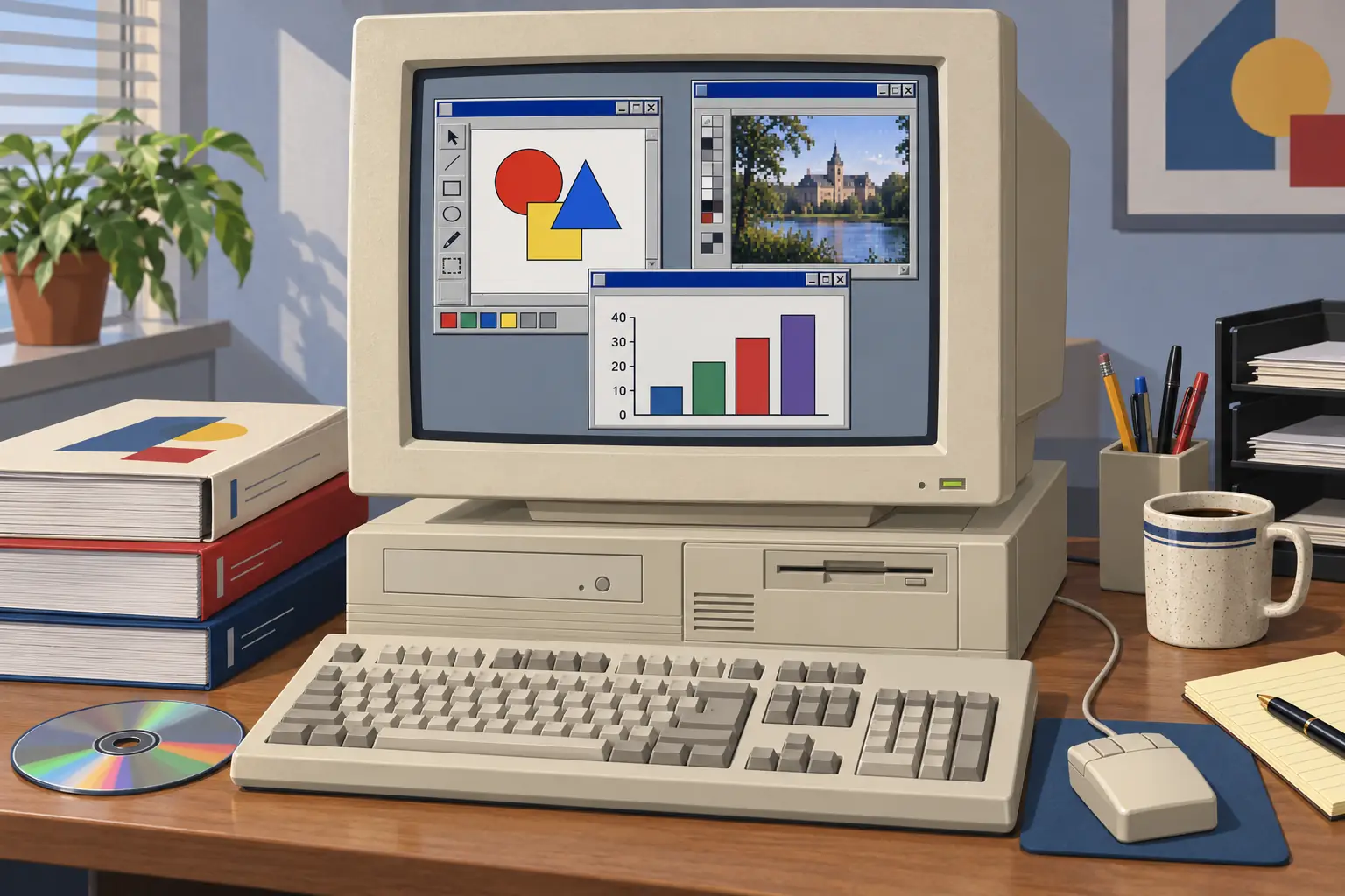 Early-1990s desktop with separate fictional vector, photo and chart windows beside manuals and a CD-ROM